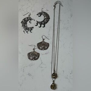 Vintage Filigree Fans Crescent Moon Earrings & Moon Drop Necklace